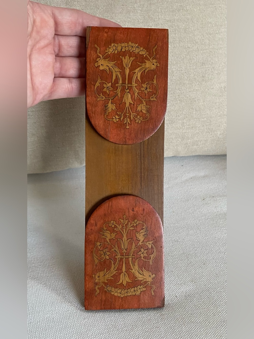 VTG Italian Sorrento Wood Marquetry Inlaid Birds Folding Bookend Slide Rack